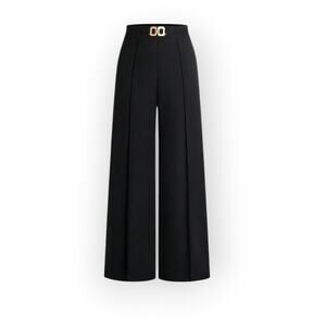 Commense Black High Waist Wide Leg Trousers Gold Link Waist Detail XL – Parisian